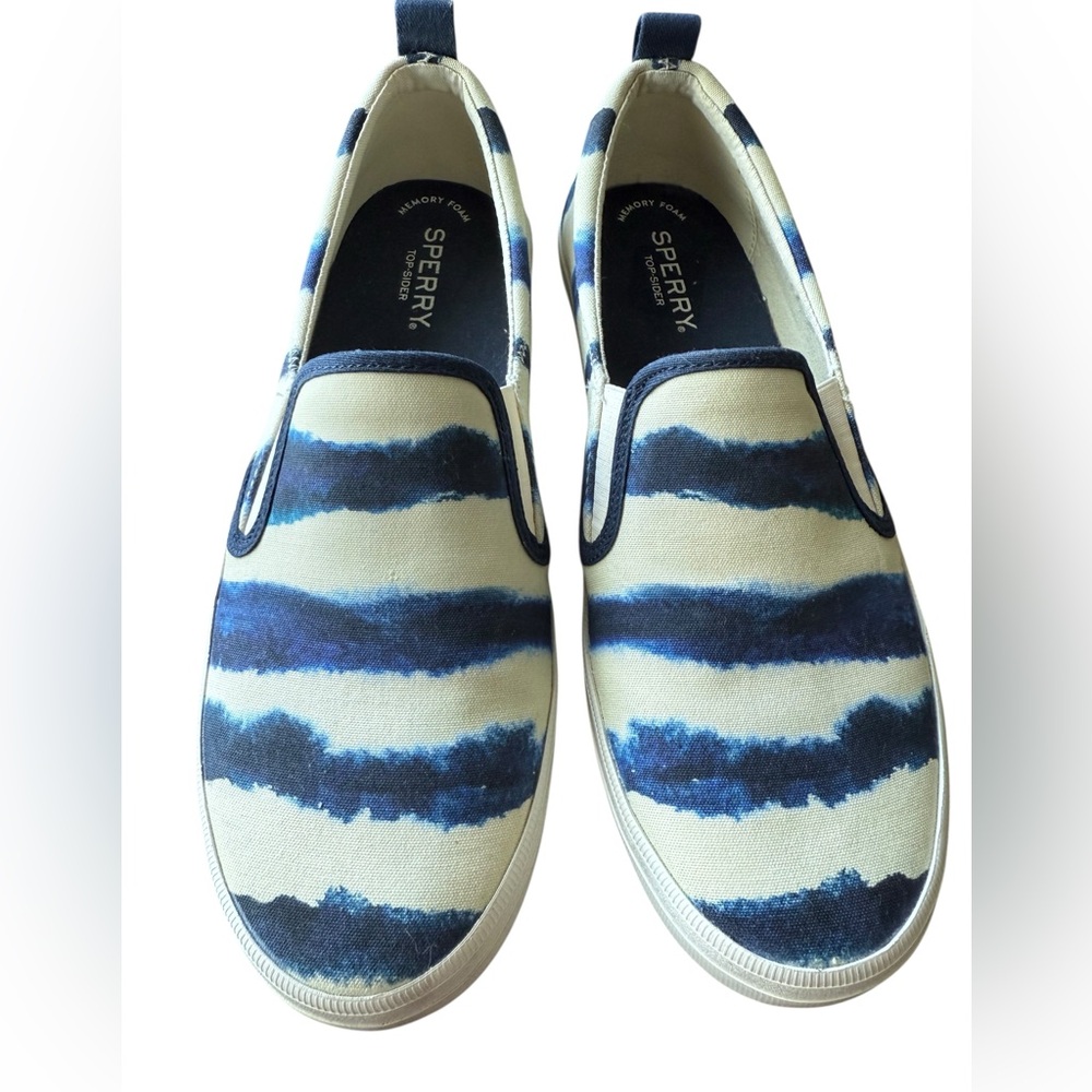 SPERRY Slip On Sneakers Women’s Sz 8.5 Blue and Yellow Striped nautical preppy